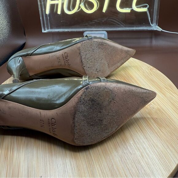 CHLOE Leather Point Toe Heel Booties Army Green Size 7.5 - Picture 10 of 11